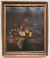 Peaches, Grapes, Seven Plums on a Pewter Plate with a Melon, Pears, Apples, and Red Currants on a Marble Ledge