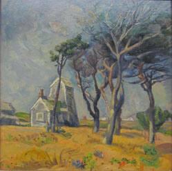 Untitled (Nantucket landscape with windmill and trees)