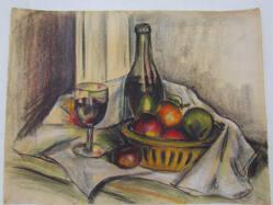 Still Life With Wine Bottle, Glass, And Fruit Basket