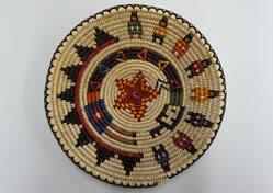 Pictorial Ceremonial Basket with Rainbow Guardian figure with star, and people attending ceremony