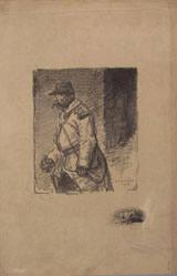 Untitled (mustached soldier walking past doorway or alleyway with stick)