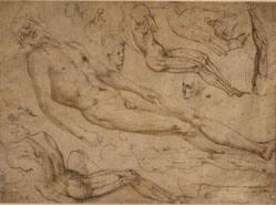 Sheet of studies with three male nudes, a hand, an arm, two legs and four heads
