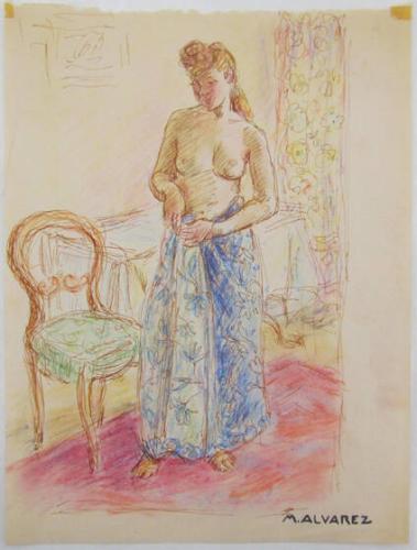Standing nude draped in blue wrap (Mary Lou Rekov)