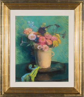 Zinnias, Petunias and Delphinium in a Yellow Pottery Crock