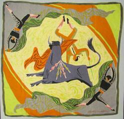 Silk scarf with image of bull and bullfighters