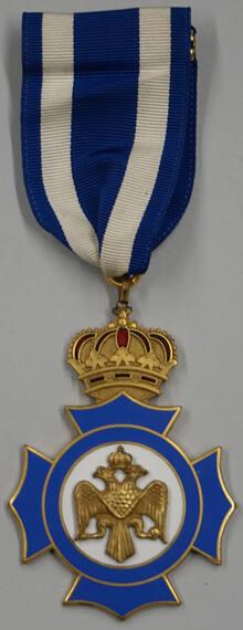 Order of Chivalry (so far unknown) in the form of a blue cross with a white center medallion with a double-headed eagle suspended on a blue-and-white silk ribbon
