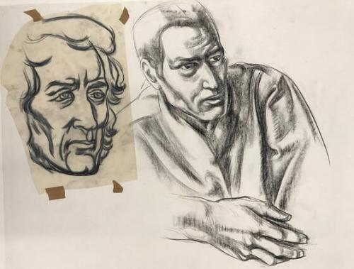 Untitled (two heads and a hand), drawing for the mural The Importance of San Antonio in Texas History